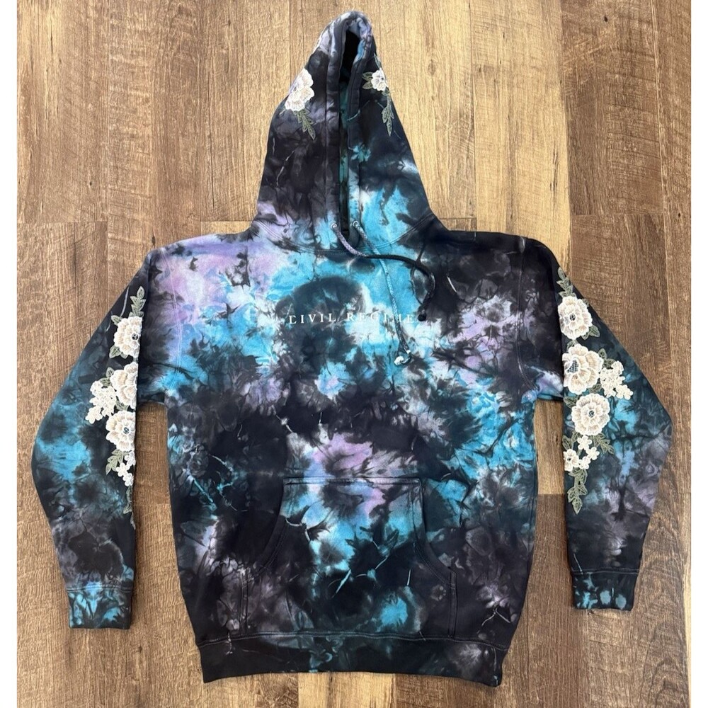 CIVIL REGIME Hoodie (MEDIUM) Blue Black Marble Tie Dye Roses Floral Embroidered